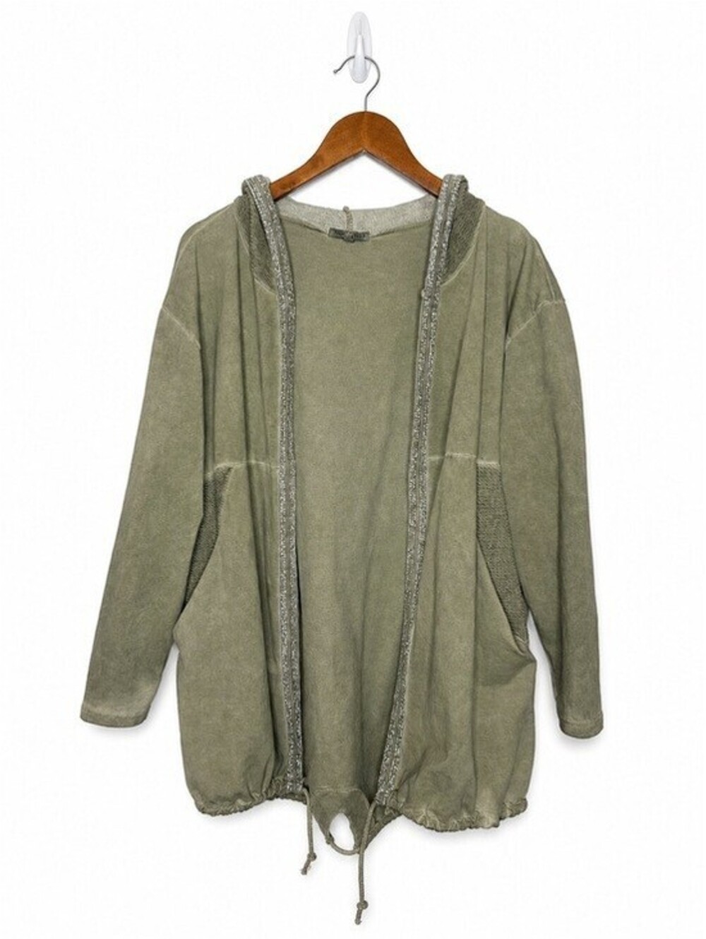 Tempo Paris Olive Green Hooded Cotton Blend Open Front Jacket S/M